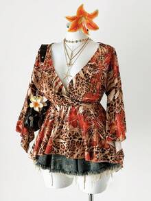 Sunspun 大码休闲交叉领印花修身腰部性感喇叭袖A字T恤 - 彩色 - 查看 3