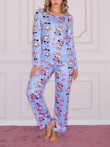 SweetSlumber Cute Rabbit & Heart Print Round Neck Long Sleeve Women Pajama Set - Multicolor - View 3