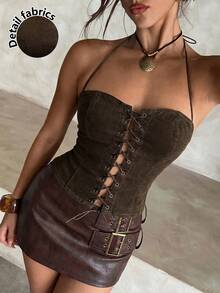 Aloruh 女士时尚复古系带露背牛仔上衣 - 棕色 - 查看 2