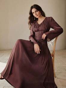 Anewsta New Elegant Fashion V-Neck Flare Sleeve Waist Ruched Dress, Suitable For Outings, Parties, Dates, Spring/Summer - Brown - View 5