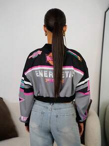 SAYEHFBABY Women's Letter Printed Dropped Shoulder Cropped Casual Baseball Jacket For Spring & Fall - Black - View 2