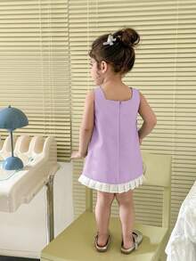 Cute & Elegant Baby Girl Summer Dress,White Colorblock Bow Tie Decor Purple Lavender Lilac Birthday Dress,Spaghetti Strap Birthday Outfit For Baby - Purple - View 2