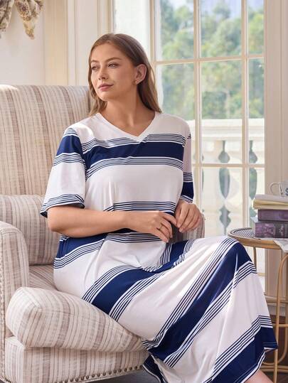 Doze Lane 大码休闲条纹印花V领短袖睡裙