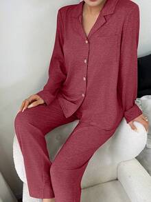 SHEIN 女士宽松舒适针织领长袖睡衣套装 - 紅色 - 查看 4