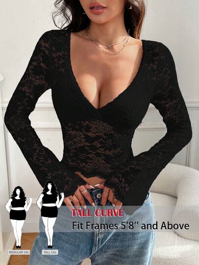 SHEIN Tall CURVE Plusstorlek Dam Enfärgad Spets Långärmad Casual Topp