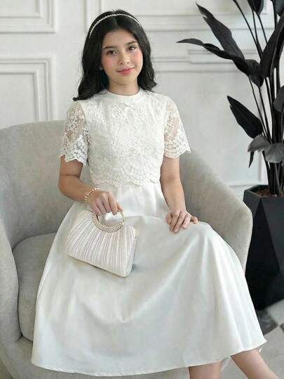 SHEIN Teen Girls Apricot Lace Patchwork Short Sleeve Satin Elegant Glamorous Party Dress Communion Dress Girls Tween Girls Elegant Lace Ivory Dress For Girls White Modest Dress For Tweens Girls Elegant Dress White