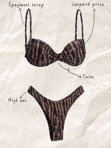 Elavelle Springbreak Women Leopard Print Fabric Random Spaghetti Strap Twist Knot High Cut Sexy Bikini Set For Summer Beach Vacation - Multicolor - View 1