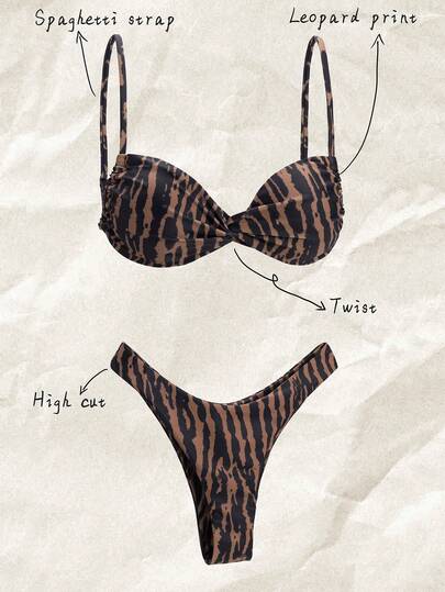 Elavelle Springbreak Kvinnor Leopardtryck Tyg Slumpmässig Spaghetti Band Twist Knot High Cut Sexig Bikini Set
