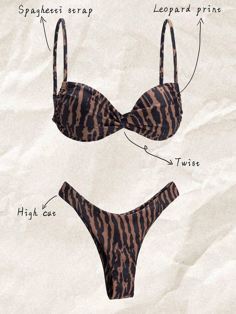 Elavelle Springbreak Women Leopard Print Fabric Random Spaghetti Strap Twist Knot High Cut Sexy Bikini Set For Summer Beach Vacation - Multicolor - View 1