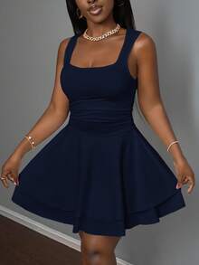 Slaydiva Women's Casual Basic Sleeveless Ruched Layered A-Line Short Dress, Sweet Square Neck - Navy Blue - View 3