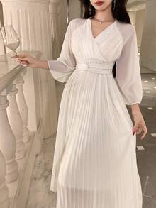 DAZY Women's V-Neck Ruched Waist Midi Dress, Elegant Sundress - Beige - View 4