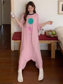 DAZY Cute Balloon Elephant English Graphic Loose Short Sleeve Women Pajama Jumpsuit - Pink - View 5