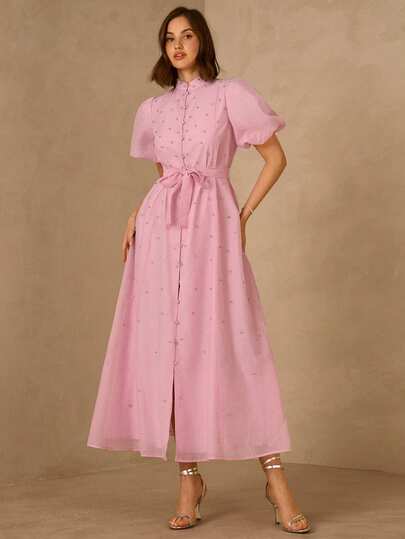 Enchnt Spring/Summer Romantic Women's Elegant Pink Rhinestone Puff Sleeve Long Dress, Elegant & Chic,Summer,Sweet&Elegant For Vacation&Date&Holiday&Going Out&Valentine's Day,Spring Outfit Women,Pink Sun Dress