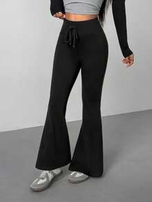 SHEIN PETITE 女士新款抽绳腰喇叭运动裤两件套，适合户外活动，黑色+深灰色两件套，多种颜色可选 - 彩色 - 查看 2