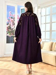 Lacomfia 女士蕾丝镂空拼接灯笼袖宽松优雅简约百搭长款衬衫裙 - 紫色 - 查看 2