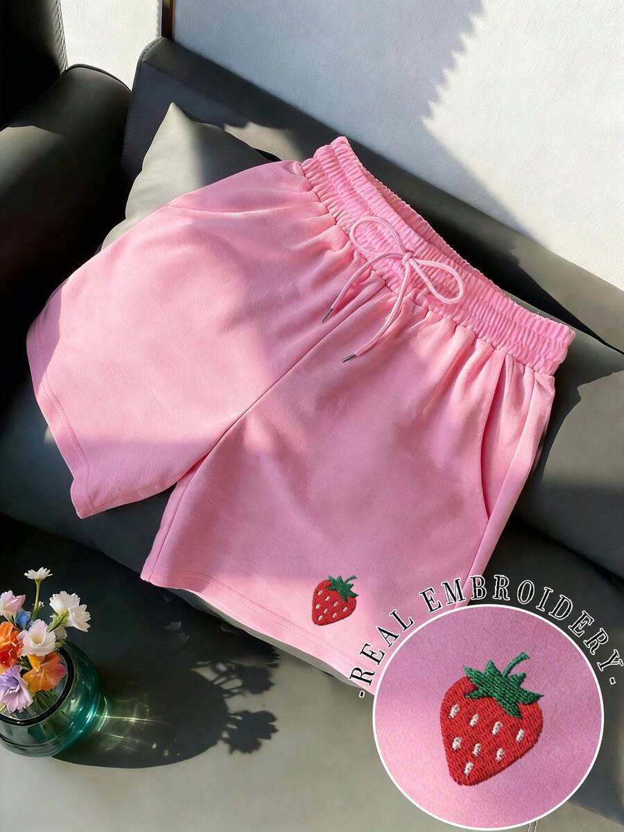 Resyla Women's Drawstring Strawberry Embroidered Shorts, Regular Fit, Rose Pink - Hot Pink - View 1