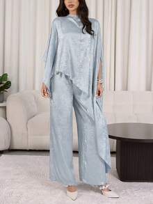Veilorie Women's Elegant Light Blue Autumn 2 Pieces Set,Solid Color Minimalist Long Blouse Top And Wide Leg Pants Set,Modest Shimmer Tea Party Casual Outfit - Blue - View 2