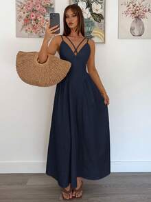 Siren Gaze 女士纯色交叉设计吊带长裙 - 藏蓝色 - 查看 5