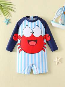 SHEIN Bubblio Áo tắm liền thân dài tay họa tiết cua dễ thương cho bé trai/bé gái, phối màu xanh sọc tương phản, thích hợp cho kỳ nghỉ, bãi biển, lướt sóng, đồ bơi dài tay cho bé trai. - Màu xanh lam - Xem 3