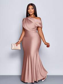 SOLERSUN 女士加大码婚礼派对优雅杏色针织亮面面料不对称露肩无袖拼接收腰修身鱼尾长裙，连衣裙，优雅女士连衣裙，派对礼服，正式礼服，白色连衣裙，奢华晚礼服，婚礼宾客礼服，米色连衣裙，圣诞节，夏季，2026，新年，中国，情人节，性感，度假 - 淺粉色 - 查看 4