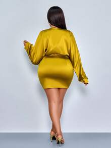 SOLERSUN Vestido mini ajustado de mujer de talla grande, elegante y de fiesta, de unicolor, con escote en V profundo, drapeado y cintura recogida, para uso diario y citas casuales, ropa de mujer sexy y romántica para Navidad, ropa de mujer para otoño e invierno, de telas brillantes - Mostaza Amarilla - Ver 5