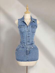 Elamini Women's Summer Fashion Washed Button Half-Placket Bodycon Denim Dress - Light Wash - View 4