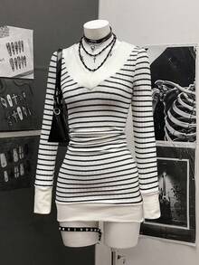 SHEIN Unity Women's Casual Striped V-Neck Long Sleeve Short Dress - Multicolor - View 6