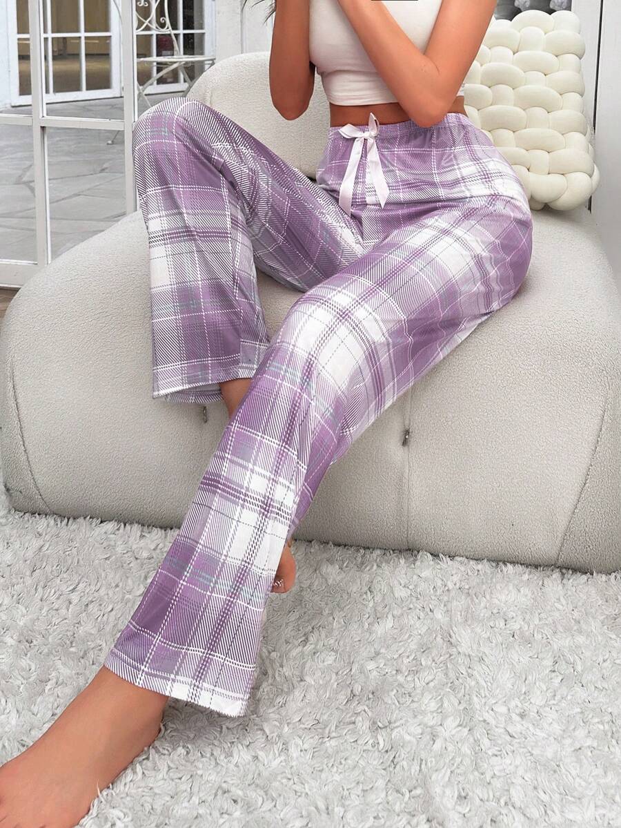 Dream Adore Quần ống đứng dáng rộng kẻ caro trang trí nơ dành cho nữ - Màu tím - Xem 1