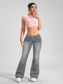 SHEIN PETITE Quần jeans ống loe cạp thấp dáng casual đa năng dành cho nữ - Màu Xám nhạt - Xem 3
