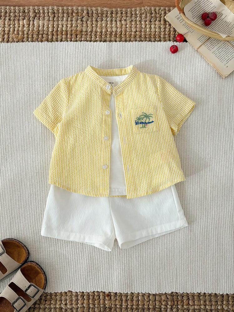 SHEIN Unisex Baby 2pcs/Set Cute Striped Palm Tree Embroidered