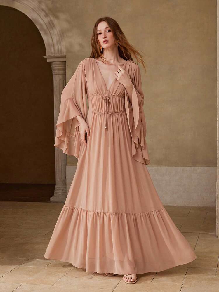 WOMEN'S ELEGANT LONG DRESS WITH RUFFLE HEM DESIGN, SPRING/SUMMER