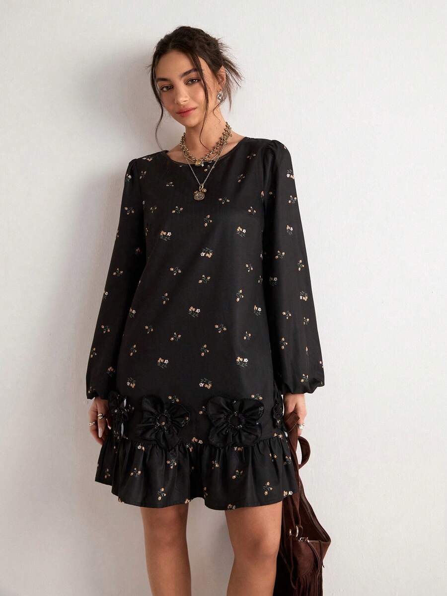 Freevana Women's Elegant Floral Print Long Sleeve Mini Dress - Black - View 1
