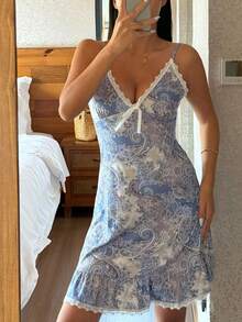 DAZY Lace Patchwork Bow Tie Adjustable Spaghetti Strap Short Dress Nightgown, Summer Sleepwear For Women - Blue - View 5