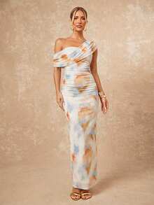 Lumalex 简约复古风闪亮假日派对装扮，适合锐舞节、郊游、游泳度假、波西米亚风、户外婚礼、宴会、成人礼、海滩、海滨、复活节、波西米亚风海滩户外婚礼派对、成人礼、返校派对、宰牲节派对、浪漫情人节约会。优雅扎染渐变网纱单肩褶皱装饰修身紧身长裙，性感扭结褶皱开衩设计无袖修身长裙，春夏单肩连衣裙、单袖连衣裙、新年连衣裙、宰牲节派对连衣裙、酒红色连衣裙、垂褶连衣裙、优雅女士连衣裙、舞会礼服、商务休闲女装，春夏复古风，适合夏季派对和宴会。 - 彩色 - 查看 4