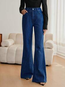 Anewsta 女士时尚、优雅、浪漫派对度假弹力修身喇叭蓝色牛仔裤，春夏款 - 藍色 - 查看 3