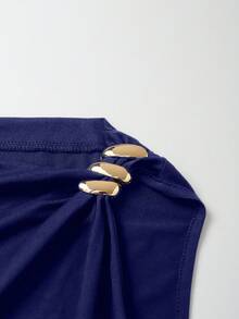 Franclia Áo tank top dệt kim màu xanh dương dành cho nữ, kiểu dáng xếp ly, không tay, vạt áo bất đối xứng. - Màu xanh lam - Xem 4