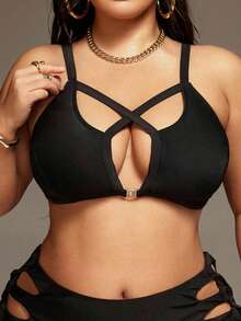 Swim SXY 大码女士极简性感纯色镂空比基尼套装，夏季沙滩装 - 黑色 - 查看 1