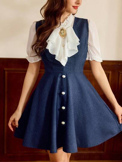 Vintamour 复古经典学院风女士修身无袖连衣裙，纽扣短款连衣裙，藏蓝色