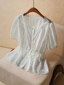Elaquor Plus Size Women Floral Embroidery Contrast Lace Puff Sleeve Single-Breasted Fashionable Blouse Spring, Summer Tops - White - View 3