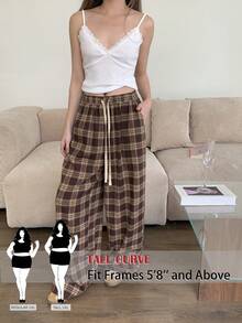 SHEIN Tall CURVE Calça Pantalona Xadrez Plus Size Feminina Alta, Cintura com Cordão, Rosa e Cinza, Outono, Casual Elegante, Uso Diário, Volta às Aulas, Férias Elegantes - Castanho - Visão 11