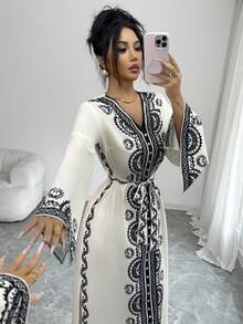 Rafferiza Women's Elegant V-Neck Printed Waist Cinched Long Dress - Multicolor - View 5