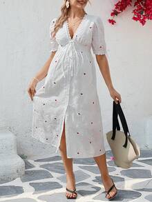 SHEIN Maternity Heart Pattern V-Neck Short Sleeve Dress - White - View 6