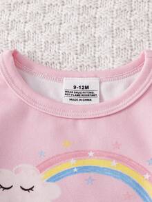 SHEIN 2pcs/Set Baby Girls' Pink Snug Fit Round Neck Long Sleeve Pants Knitted Soft & Cute Elephant & Rainbow Glow-In-The-Dark Pajamas, Best Gift For Baby Girls - Pink - View 6