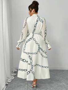 Elenzga 大码女式印花长款连衣裙，网纱长灯笼袖，褶裥喇叭裙摆，蝴蝶结装饰，优雅迷人，适合中东、欧洲、美国风格的度假、情人节派对、朋友聚会、正式鸡尾酒会、下午茶、度假等场合，杏色长款连衣裙 - 彩色 - 查看 2