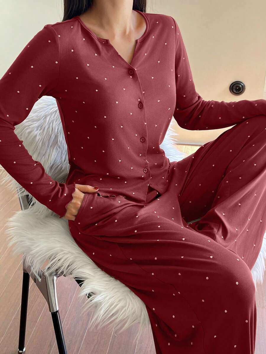 DAZY 2pcs Women Polka Dot Print Long Sleeve Cardigan And Pants Pajama Set, Autumn - Burgundy - View 1