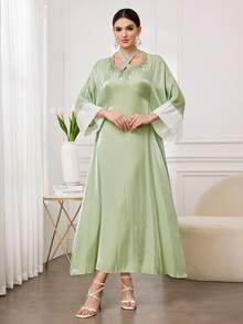 Al Najma 女士优雅奢华缎面串珠V领长袖连衣裙，适合派对和外出穿着 - 綠色 - 查看 3