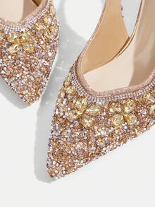 CUCCOO TILAWA Women's Rhinestone Pointed Toe High Heel Shoes, Elegant Luxury Ankle Strap Thin Heel Sandals, Suitable For Dates And Commuting Valentine's Day - Champagne - View 5