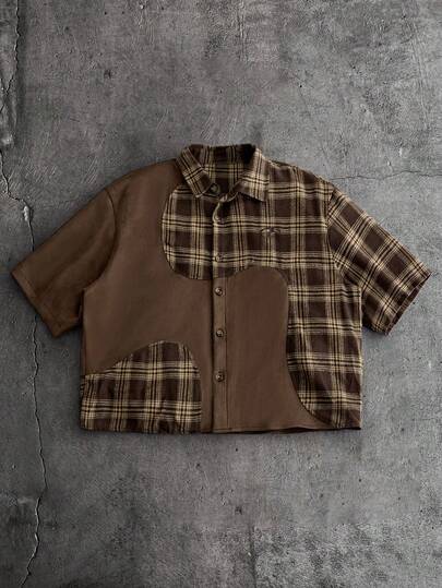 AXEPEAK Men's Plaid Patchwork Short Sleeve Single-Breasted Casual Loose Shirt