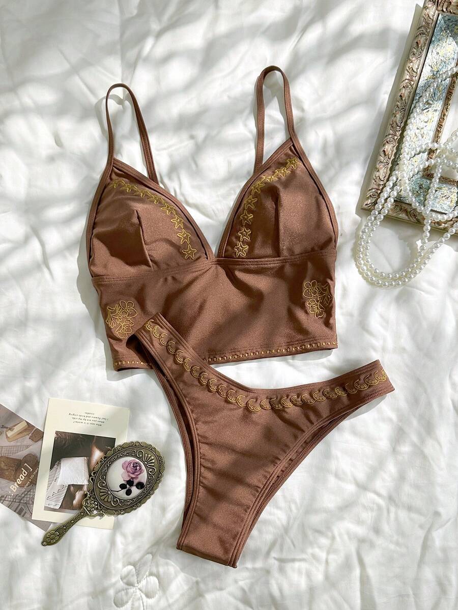 Bonvoyette Brown Embroidered Casual Women's Camisole & Tankini Swimsuit Set - Brown - View 1