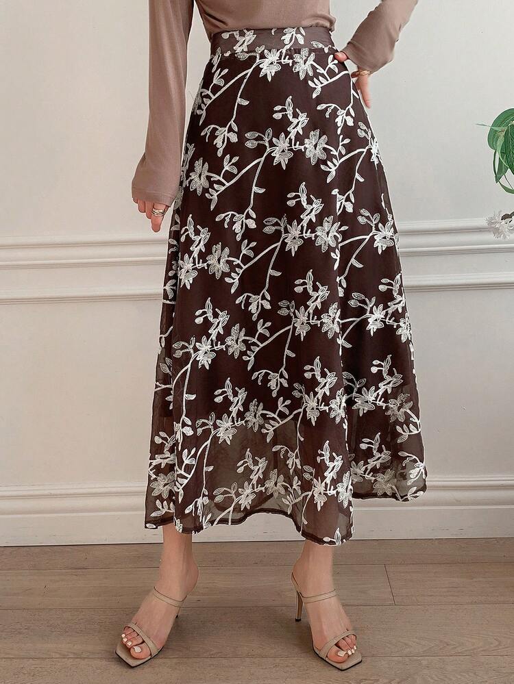 Women's Floral Decor A-Line Long Skirt, Elegant Resort Style Casual Skirt